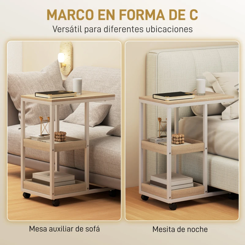 HOMCOM Mesa Auxiliar en Forma de C con Ruedas Estantes Abiertos y Marco de Acero para Salón Dormitorio 51x33x66cm Natural y Blanco