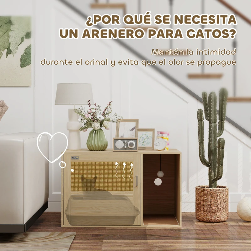 PawHut Mueble Arenero para Gatos Caja de Arena para Gatos con Almohadilla para Rascar y Puerta de Ratán 80x50x50 cm Roble