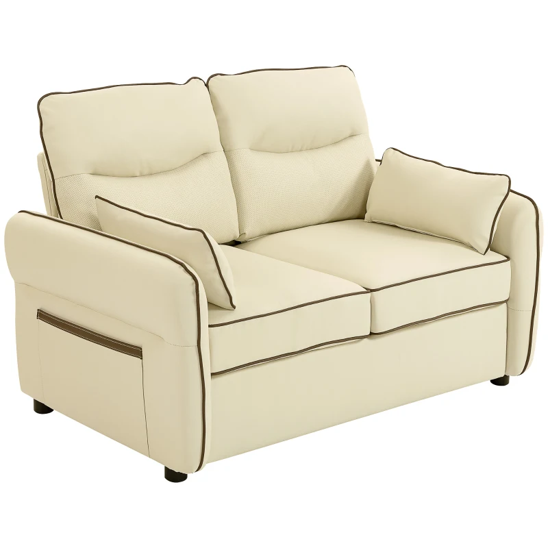 HOMCOM Divano 2 Posti in Finta Pelle con Imbottitura Spessa, Tasca Laterale e 2 Cuscini, 136x81x90 cm, Beige