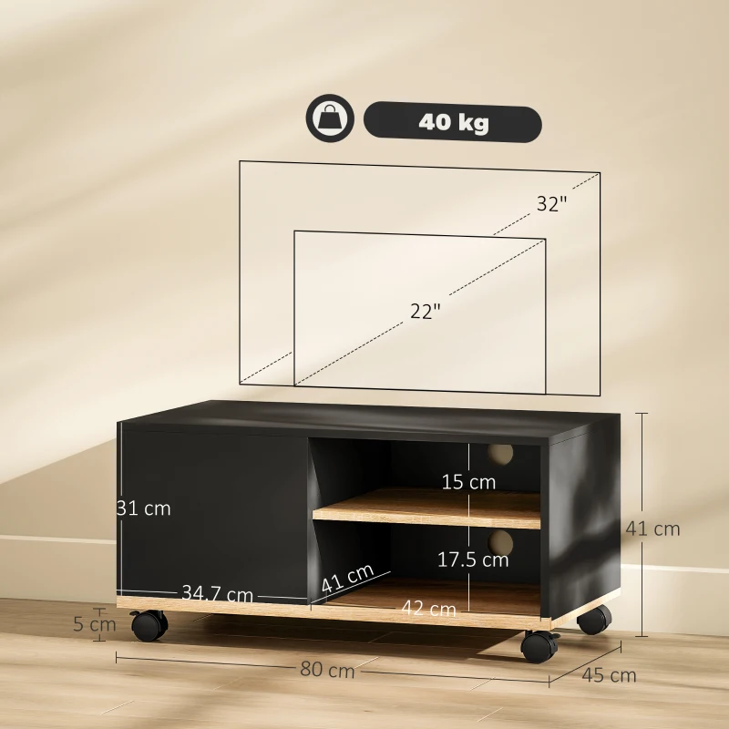 HOMCOM Mobile Porta TV fino 42"con Ruote e Freni, Armadietto e Ripiano Regolabile, 80x45x41 cm, Nero