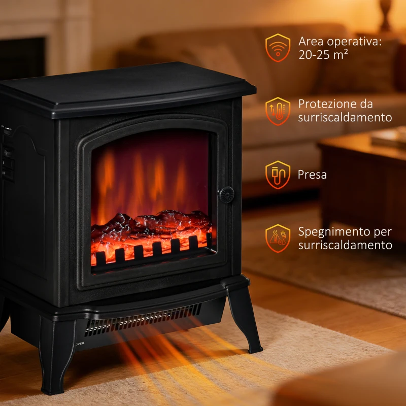 HOMCOM Camino Elettrico Portatile 1000W/2000W con Effetto Fiamma, in ABS e Vetro Temperato, 36.5x24x45.5 cm, Nero