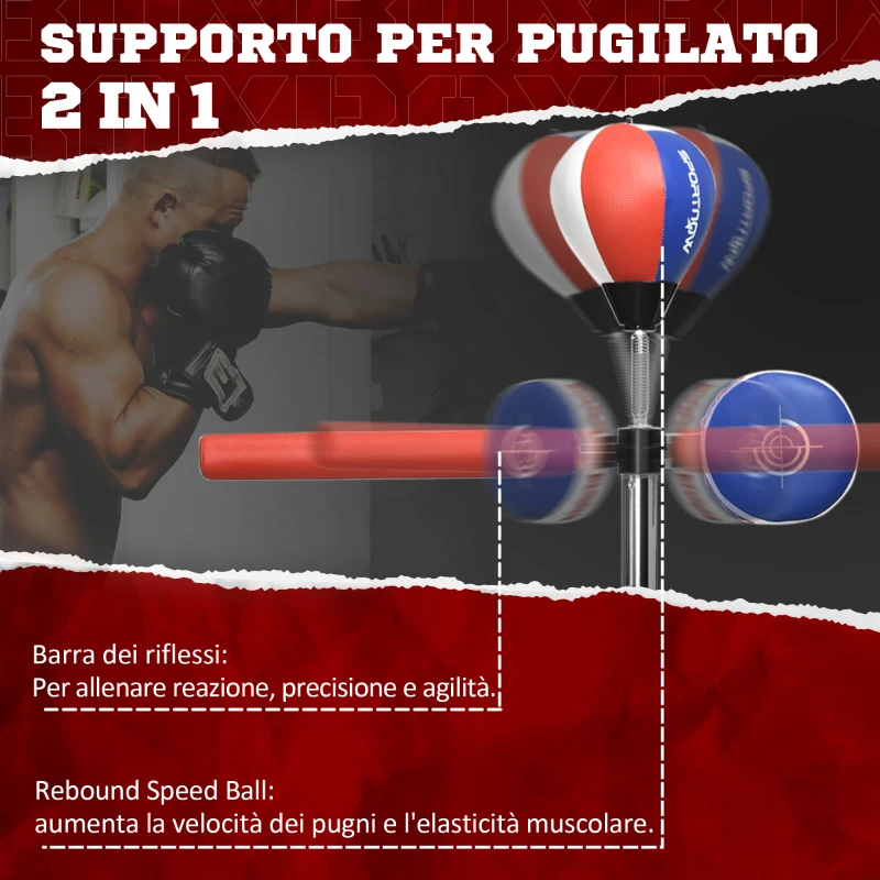 SPORTNOW Sacco Boxe da Terra con Barra Girevole, Speedball e Colpitore, in Acciaio, HDPE e PU, 80.5x48x163-205 cm