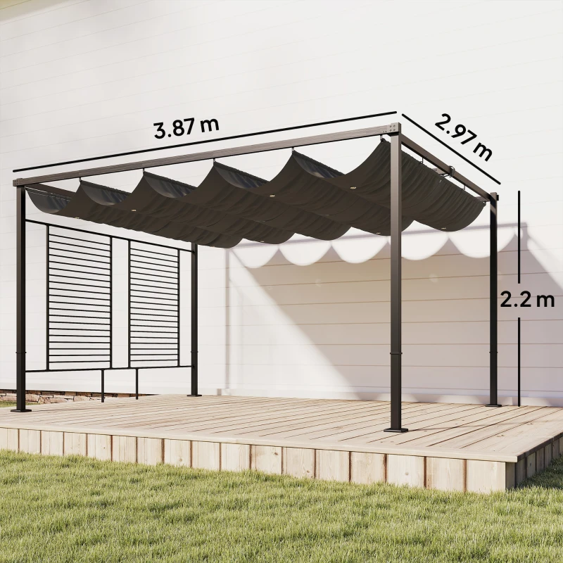 Outsunny Pergolă 3,87 x 2,97 m - copertină pentru terasă cu acoperiș glisant, 2 panouri de intimitate, UV50+ gri închis