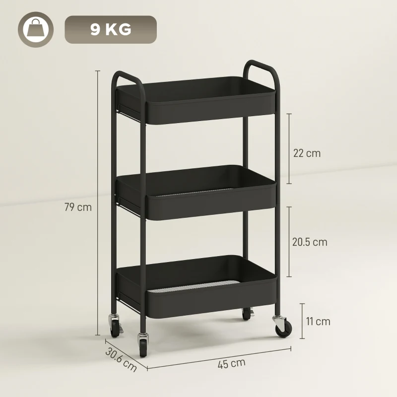 HOMCOM Cărucior multifuncțional mobil pentru bucătărie, 3 rafturi, 4 roți, 45 cm x 30,6 cm x 79 cm, Negru