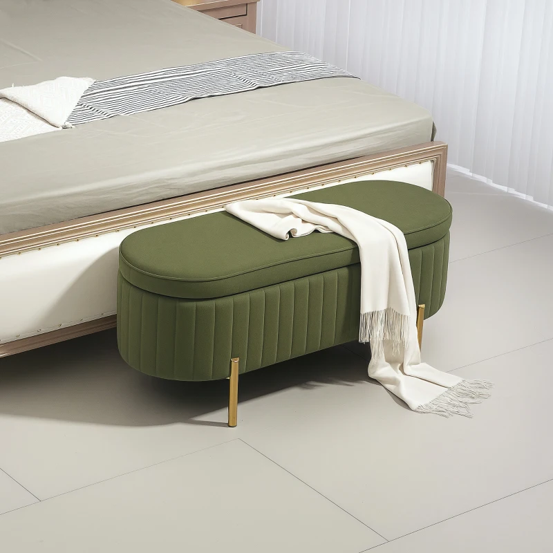HOMCOM Banc de rangement, bout de lit en velours avec couvercle, pieds en métal, capacité 72 L, 108x44x43,5cm, vert foncé