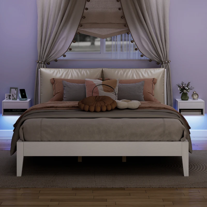 HOMCOM Set 2 Comodini Sospesi con LED RGB Integrati e Regolabili con APP, Cassetto e Ripiano, 37x32x21 cm, Bianco