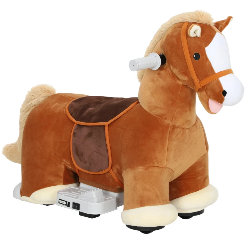 AIYAPLAY Cavallo Elettrico per Bambini con Pedali, Rotelle e Suoni, in Peluche e Metallo, 74x34x51 cm, Marrone
