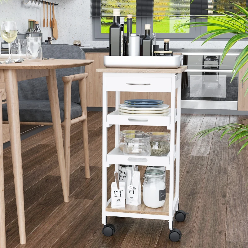 HOMCOM Carrello da Cucina con Ruote, 2 Ripiani Rimovibili, Cassetto, Scaffale, in Legno di Pino, Bianco