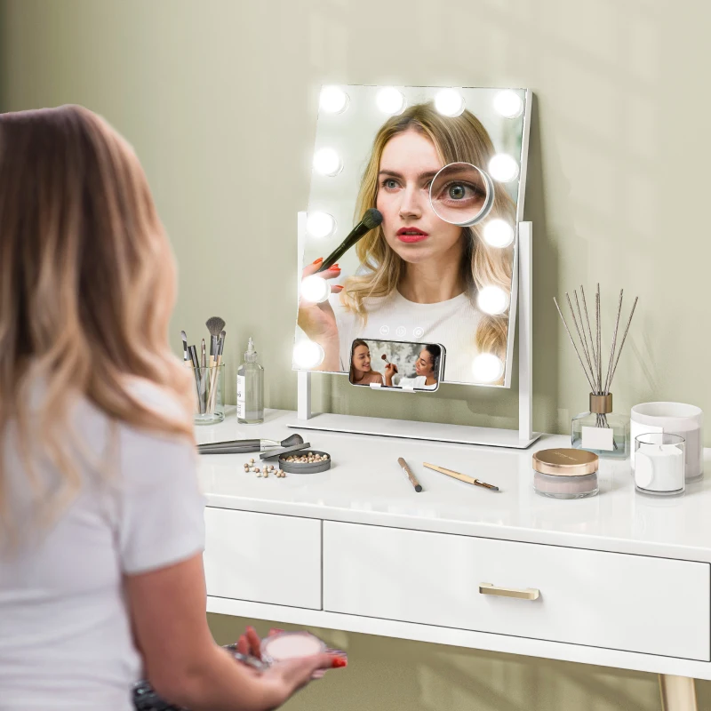 HOMCOM Miroir Hollywood avec LED 12 ampoules, luminosité réglable, rotation à 360°, grossissement 10X, touche tactile, blanc