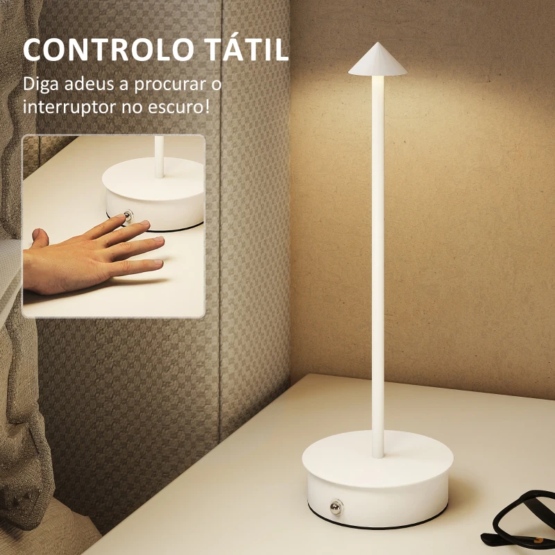 HOMCOM Conjunto de 2 Candeeiros de Mesa Recarregáveis por USB Reguláveis com Controlo Táctil 3000K/4500K/6500K Ø10x30 cm Branco
