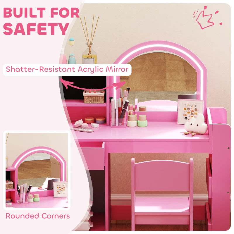 AIYAPLAY Kids Vanity Table and Chair Set, Girls Dressing Table with 2-Colour LED Mirror, Stool, Cabinet, Drawer, Shelves, Pink