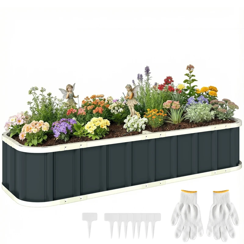 Outsunny Galvanised Raised Garden Bed, 5 x 2 x 1 ft Metal Planter with Gloves and Folded Edging, Dark Grey