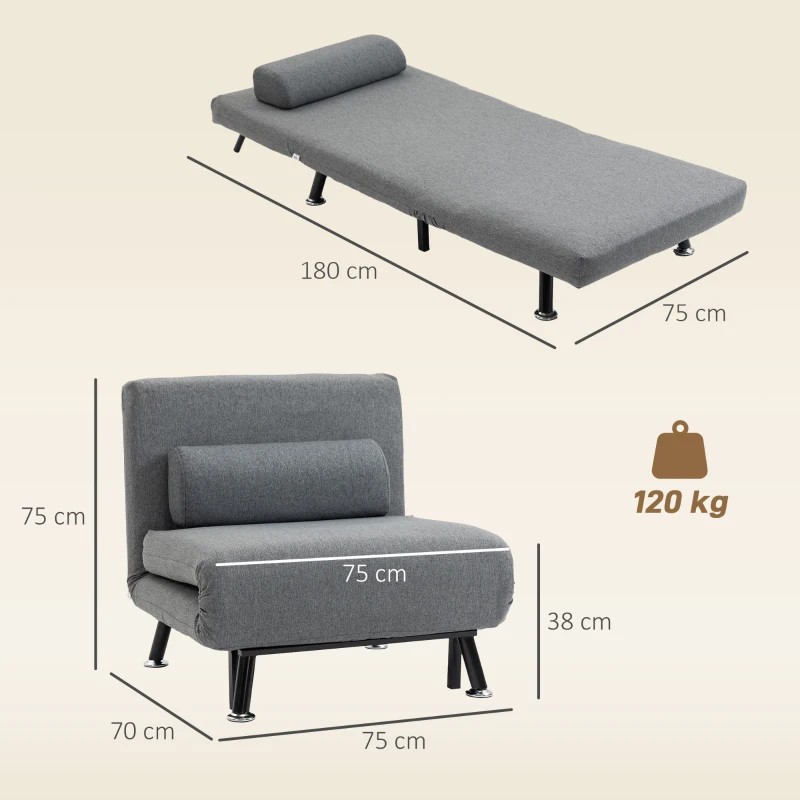 HOMCOM Poltrona Letto con Schienale Regolabile in 5 Posizioni, Tessuto Effetto Lino e Acciaio, 75x70x75 cm, Grigio