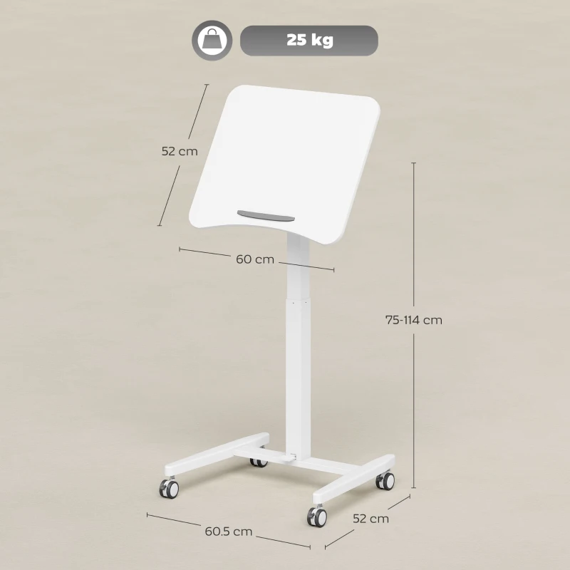 HOMCOM Scrivania Regolabile in Altezza, Piano Inclinabile, Ruote e Telaio in Acciaio, 60,5 x 52 x 75-114 cm, Bianco