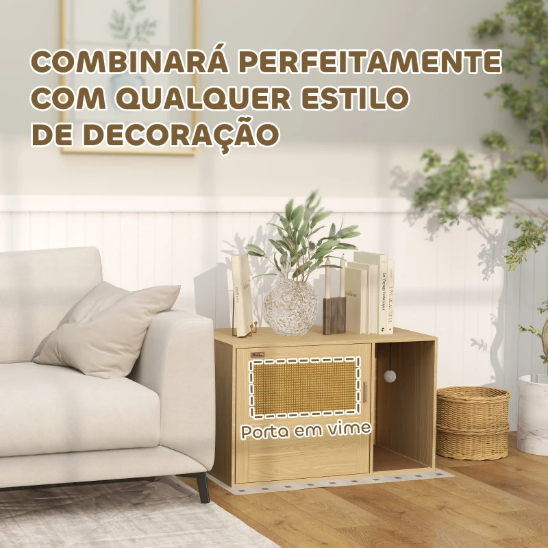 PawHut Móvel Caixa de Areia para Gatos Caixa de Areia para Gatos com Tapete de Arranhar e Porta de Vime 80x50x50 cm Branco