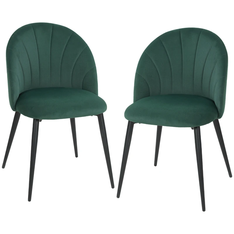 HOMCOM Set de 2 Sillas de Comedor en Terciopelo, Sillas de Cocina con Respaldo Curvo en Forma de Concha, Patas de Acero, Estilo Nórdico, Silla Acolchada para Cocina, Dormitorio, Salón, Verde oscuro