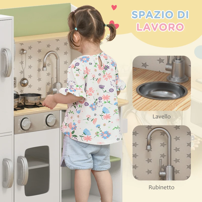 AIYAPLAY Cucina Giocattolo per Bambini 3-6 Anni con Macchina del Ghiaccio e Utensili, 84x34x89 cm, Bianco e Verde