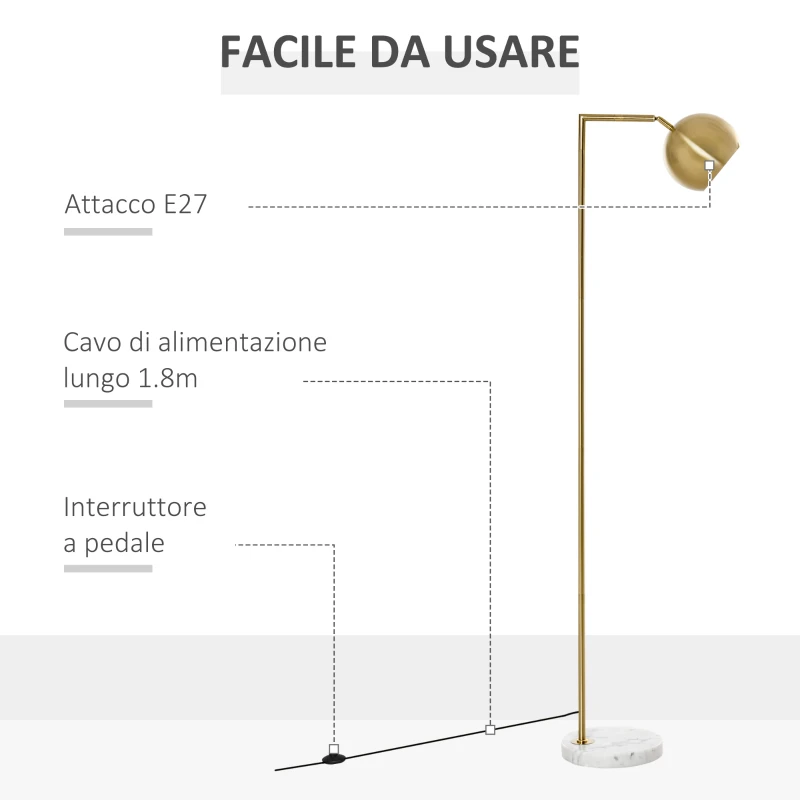 HOMCOM Lampada da Terra Moderna con Paralume Regolabile in Stile Vintage Compatibile con E27 40W - Oro