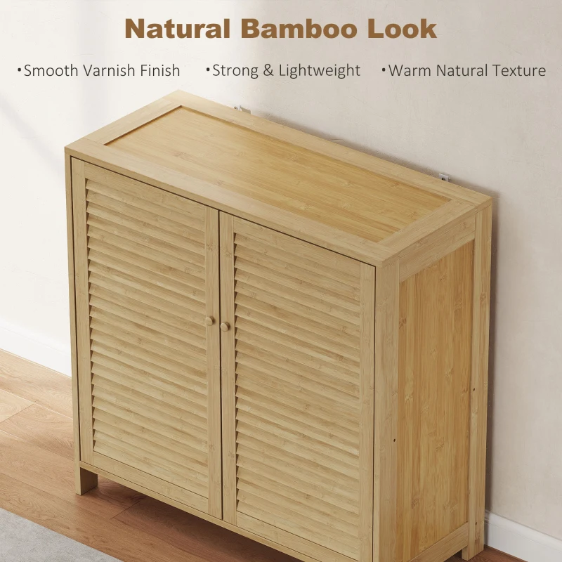 HOMCOM Bamboo Shoe Cabinet with Louvered Doors, 14 Pairs Shoe Storage Cabinet with Adjustable Shelves for Hallway, Natural