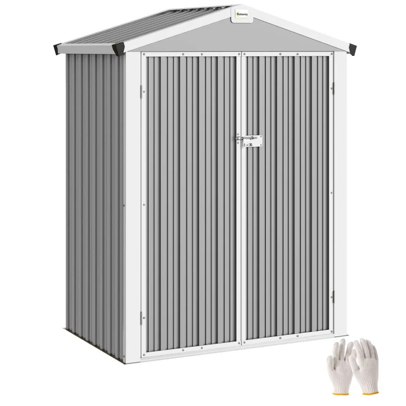 Outsunny Abri de Jardin 1,1 m² en Acier Galvanisé, Abri de Jardin avec Portes Doubles Larges Verrouillables, Toit Incliné, Gants, Abri à Outils, 133x87x178 cm, Gris argenté