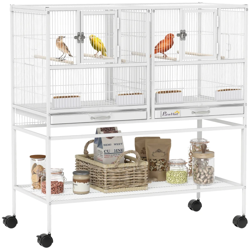 PawHut Gabbia per Uccelli Grande con Divisore, Ruote, 4 Contenitori, 4 Posatoi, Ripiano e 2 Vassoi Estraibili, 95x45,5x102 cm, Bianco