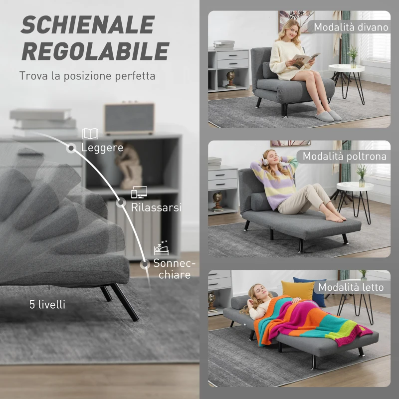 HOMCOM Poltrona Letto con Schienale Regolabile in 5 Posizioni, Tessuto Effetto Lino e Acciaio, 75x70x75 cm, Grigio