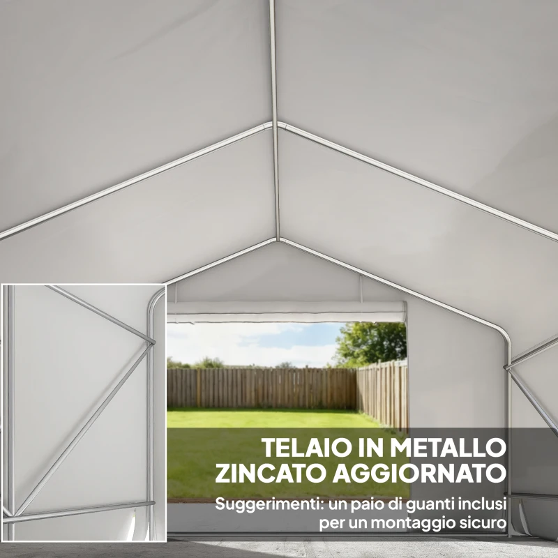 Outsunny Capanno da Giardino e Tenda Garage 3x3 m Impermeabile con Porta Avvolgibile, Metallo e PE, Bianco