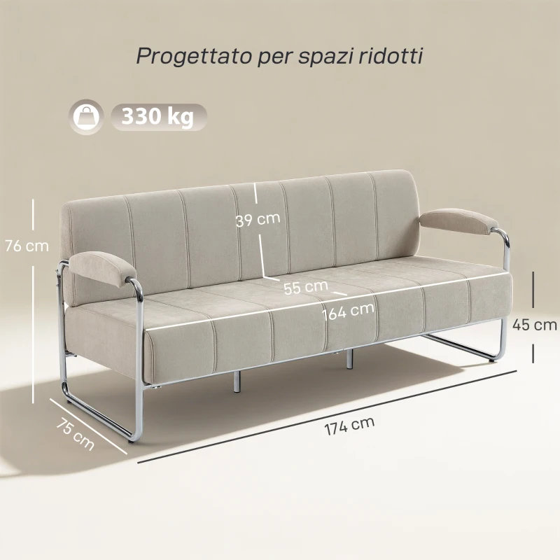HOMCOM Divano 3 Posti Moderno Rivestito in Ciniglia Beige, in Acciaio, Spugna e Pannello Multistrato, 174x75x76 cm