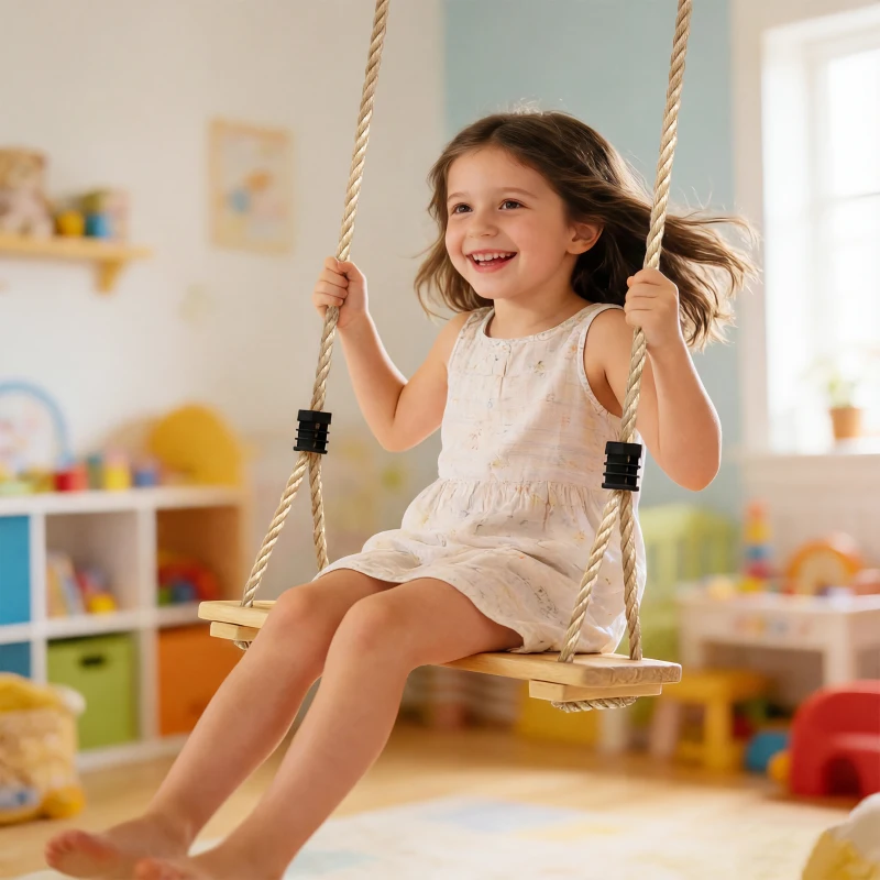 AIYAPLAY Wooden Swing Seat, Kids Swing Set with Adjustable Rope and Tree Straps, Outdoor Playground Playset for Kids