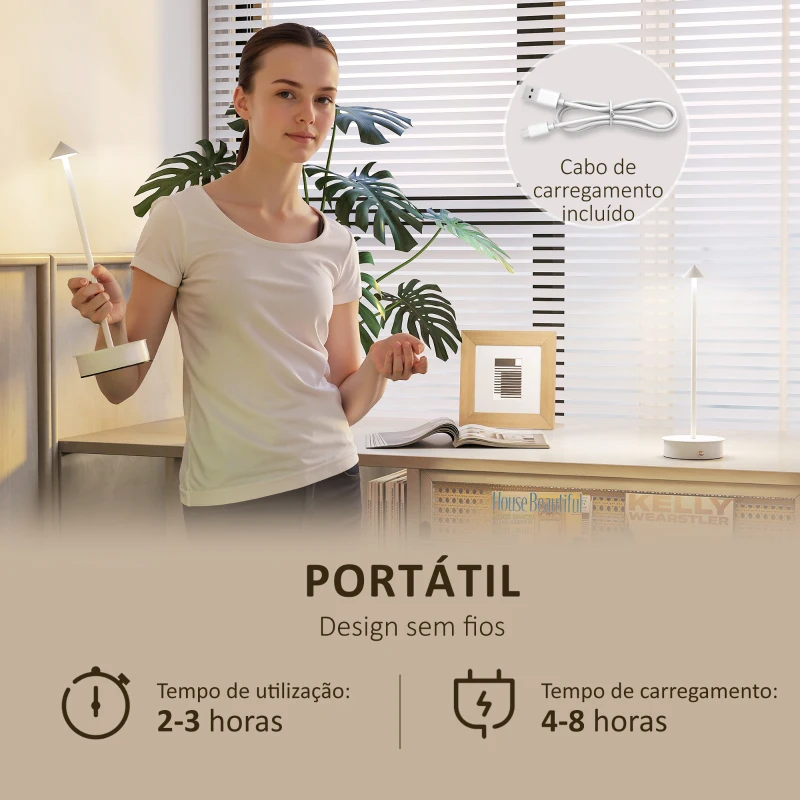 HOMCOM Conjunto de 2 Candeeiros de Mesa Recarregáveis por USB Reguláveis com Controlo Táctil 3000K/4500K/6500K Ø10x30 cm Branco