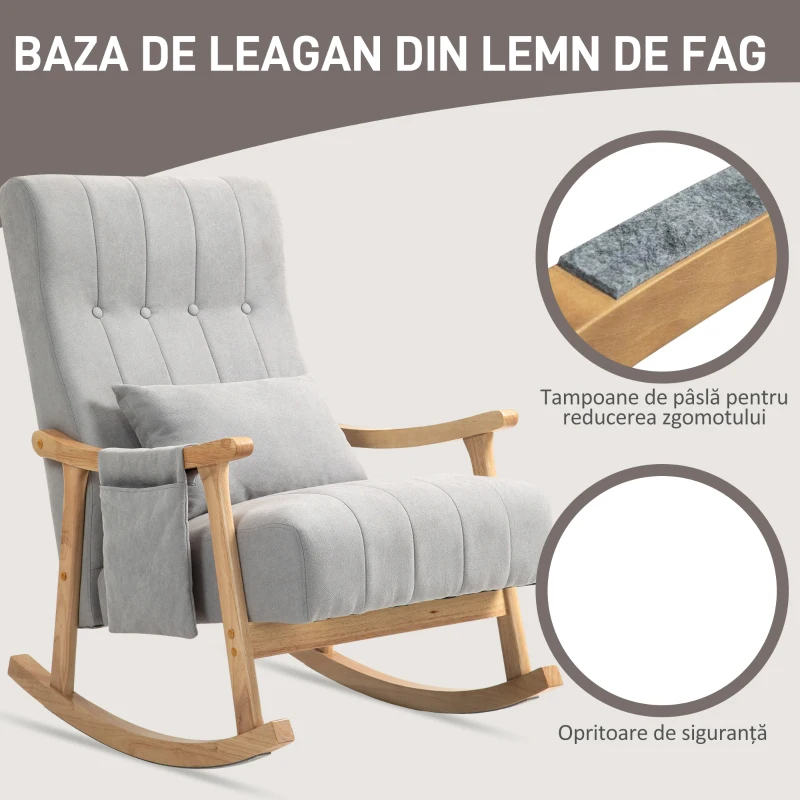 HOMCOM Fotoliu cu balansoar cu pernă lombară, șezut larg, ramă din lemn, până la 120 kg, Gri