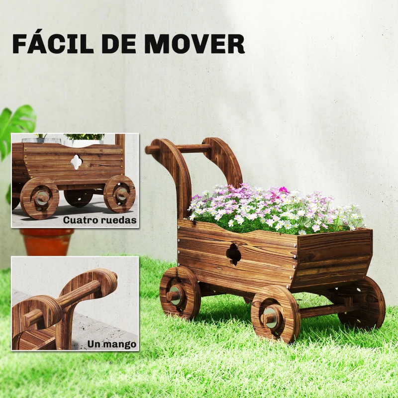 Outsunny Carretilla de Madera Decorativa Jardinera Elevada con 4 Ruedas Asa Orificios de Drenaje 68x38x52 cm Carbonizado