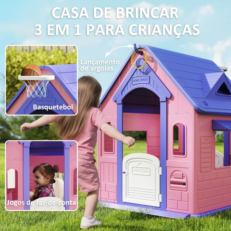 AIYAPLAY Casa de Jogos para Criaanças com Lançamento de Aros e Cesta de Basquetebol 132x118x124 cm Rosa e Roxo