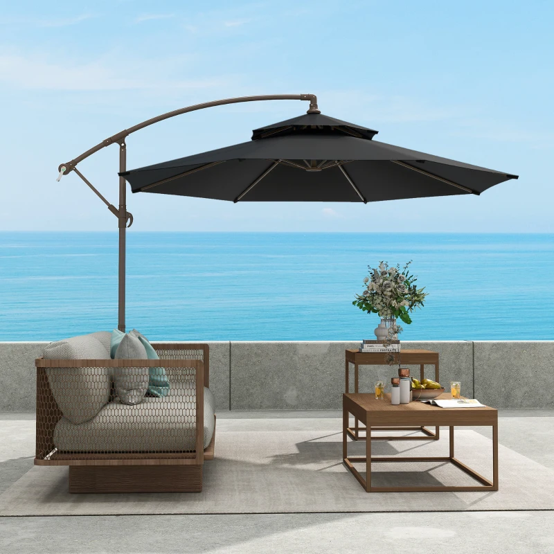 Outsunny 2.7m Garden Banana Parasol Cantilever Umbrella with Crank Handle, Double Tier Canopy and Cross Base for Outdoor, Hanging Sun Shade, Black(m-9)