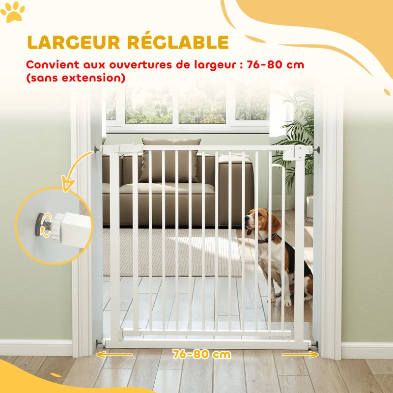 PawHut Barrière de sécurité pour chiens et bébés 76 à 80 cm avec extension fixation par pression sans perçage 76 à 80cm blanc
