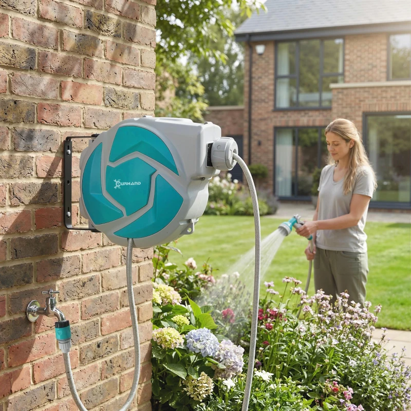 DURHAND Wand-Einzugschlauch mit 10+1 m Trommel, automatischem Rücklauf und 7-Funktions-Düse, 180° drehbar