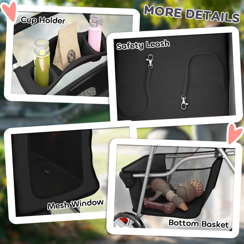 PawHut Carrinho Dobrável para Cães Pequenos com Cesta de Armazenamento Suportes para Copos Rodas e Almofada Lavável 77x44x102 cm Preto