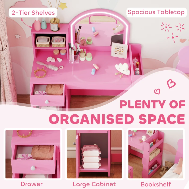 AIYAPLAY Kids Vanity Table and Chair Set, Girls Dressing Table with 2-Colour LED Mirror, Stool, Cabinet, Drawer, Shelves, Pink