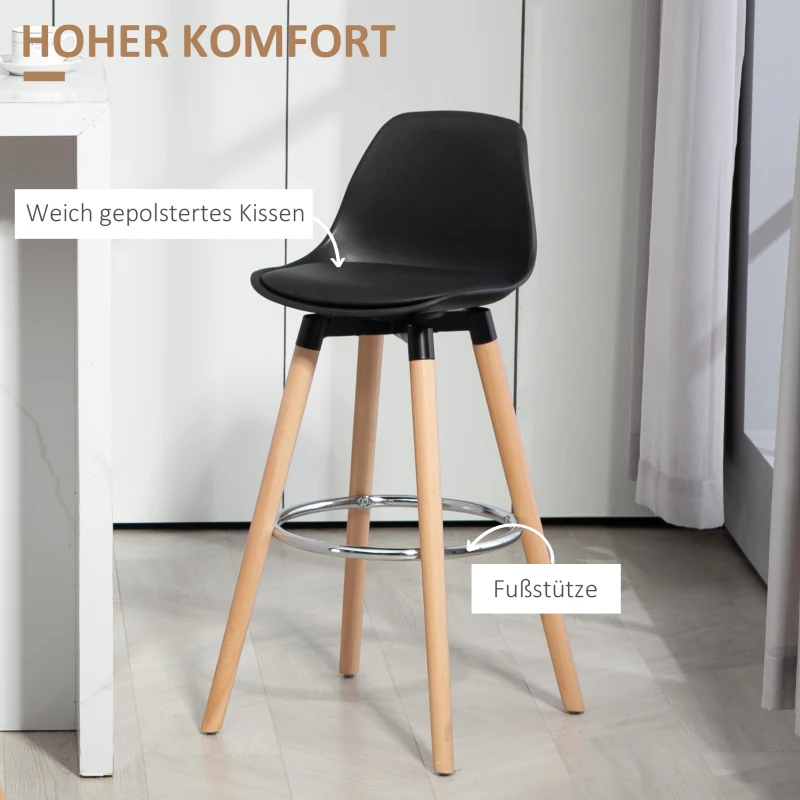 HOMCOM 2er-Set Barhocker Barstühle Skandi-Design, Fußtstütze, 43 cm x 43 cm x 91 cm, Natur + Schwarz
