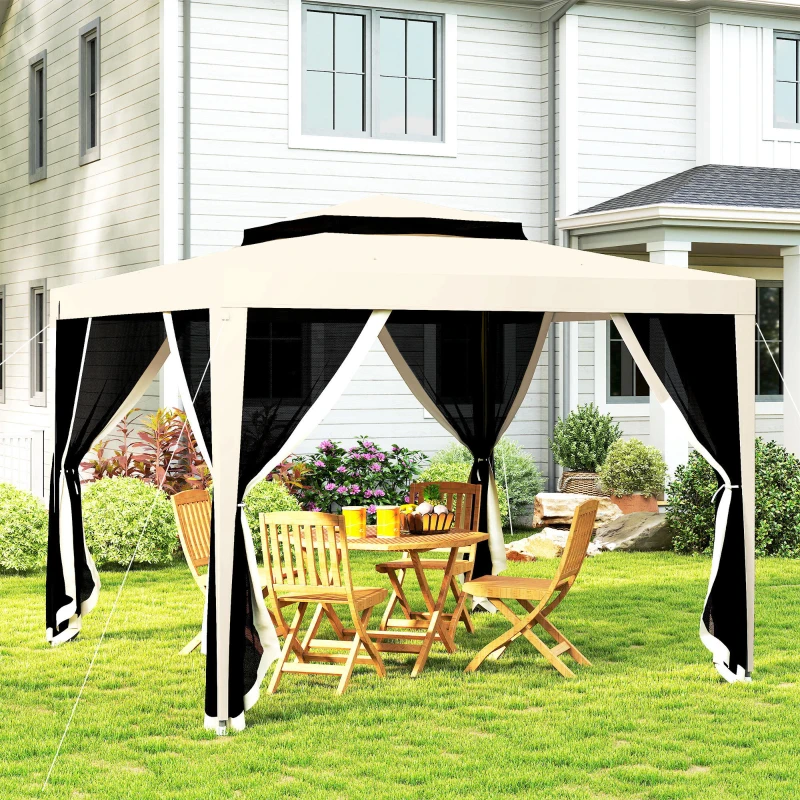 Outsunny 3 x 3 m Gazebo, Netting Party Tent, Patio Canopy Outdoor Event Shelter with Double Tier Roof, Beige