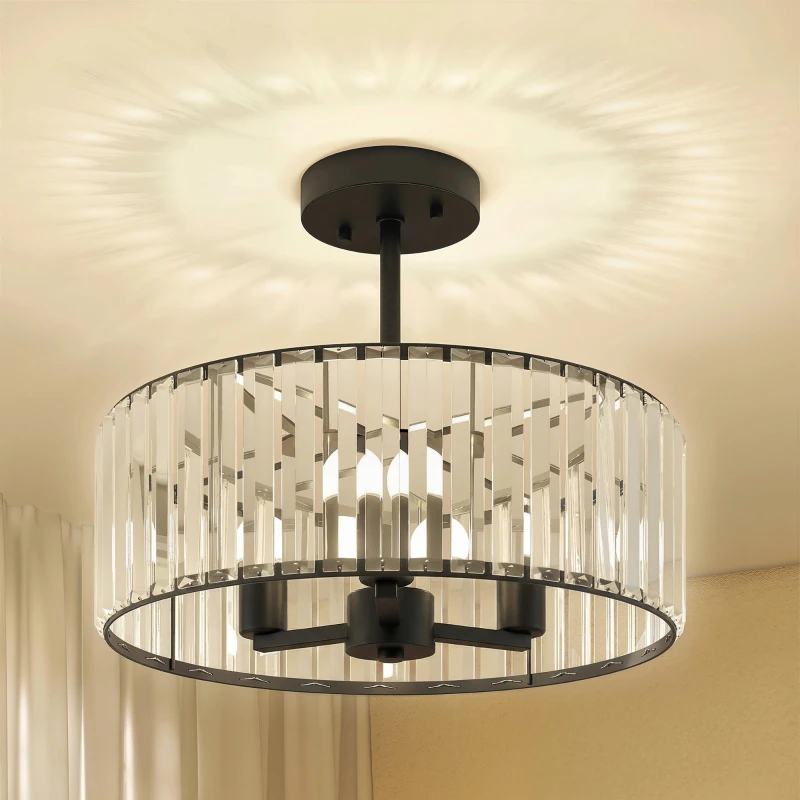 HOMCOM Crystal Ceiling Light, Semi Flush Mount Modern Crystal Chandelier Ceiling Light, E14 Base 3-Lights, Bulbs Not Included