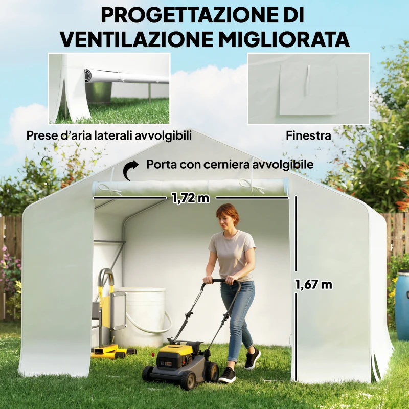 Outsunny Capanno da Giardino e Tenda Garage 3x3 m Impermeabile con Porta Avvolgibile, Metallo e PE, Bianco