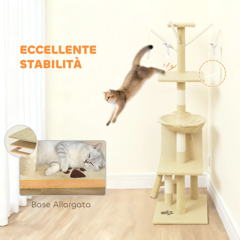 PawHut Torre per Gatti con Casetta, Trespolo, Piattaforme e 4 Topolini Appesi, 60x35x134 cm, Beige