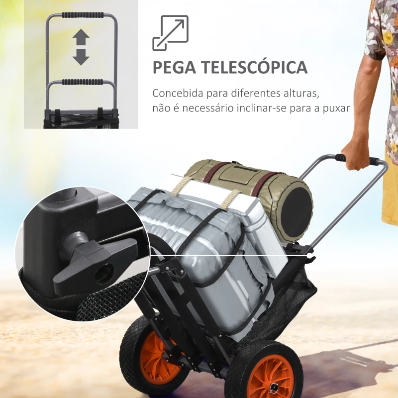 SPORTNOW Carrinho de Praia Dobrável Carrinho de Transporte com Grandes Rodas de 30 cm Todo-o-Terreno com Bolso e Punho Telescópico