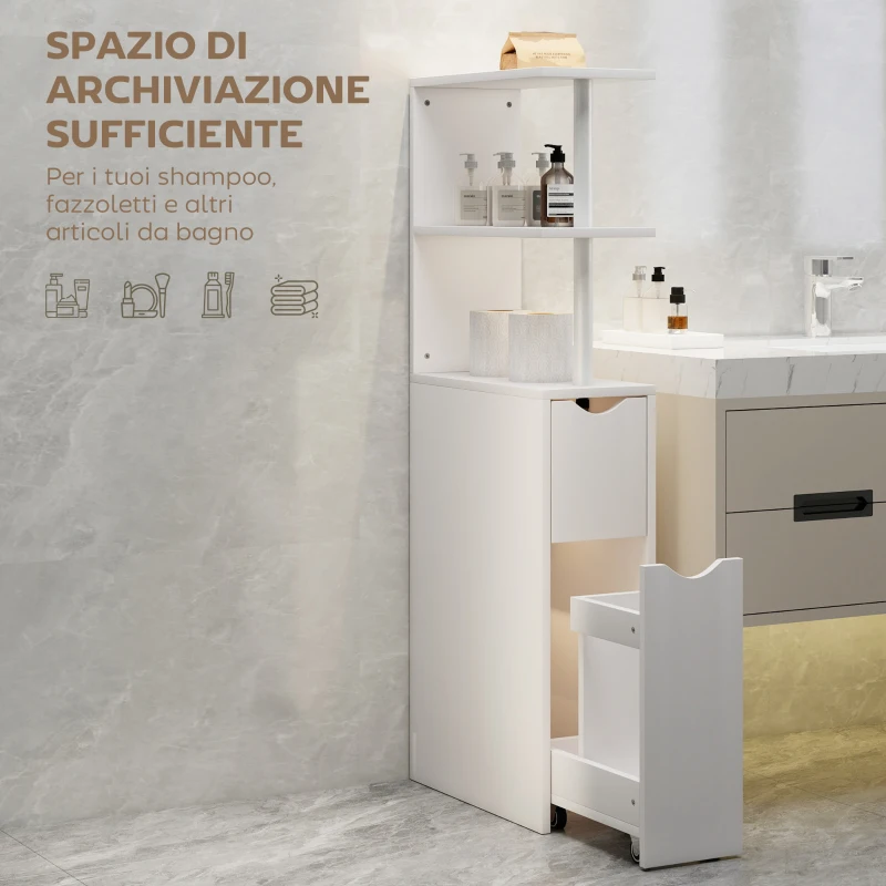 HOMCOM Colonna Bagno Salvaspazio con 2 Cassetti e Ripiani Aperti, 20x45x115 cm, Bianco