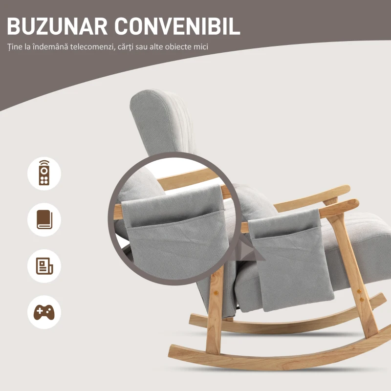 HOMCOM Fotoliu cu balansoar cu pernă lombară, șezut larg, ramă din lemn, până la 120 kg, Gri