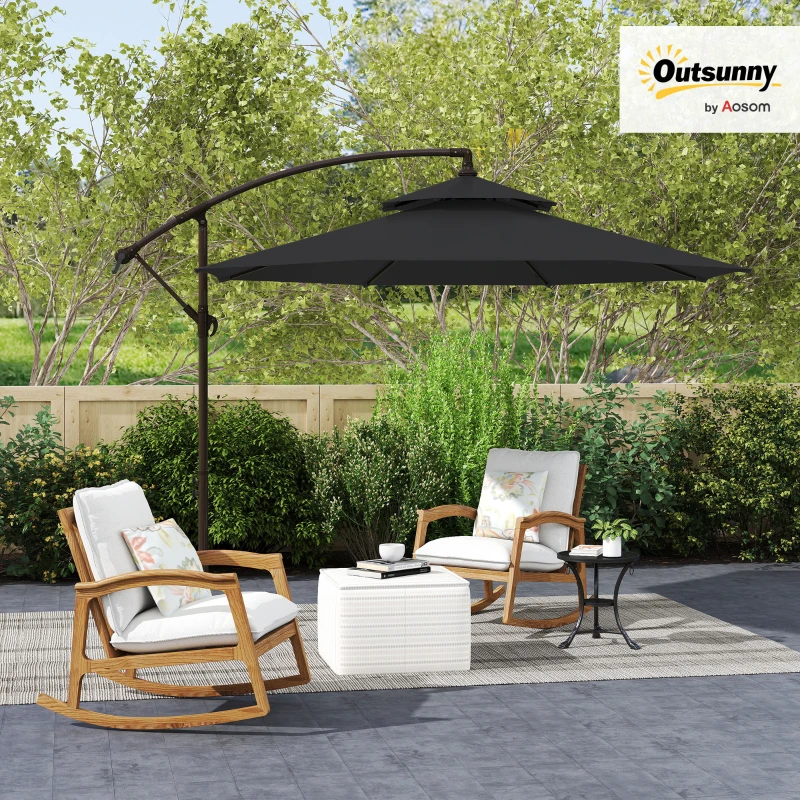 Outsunny 2.7m Garden Banana Parasol Cantilever Umbrella with Crank Handle, Double Tier Canopy and Cross Base for Outdoor, Hanging Sun Shade, Black(m-10)