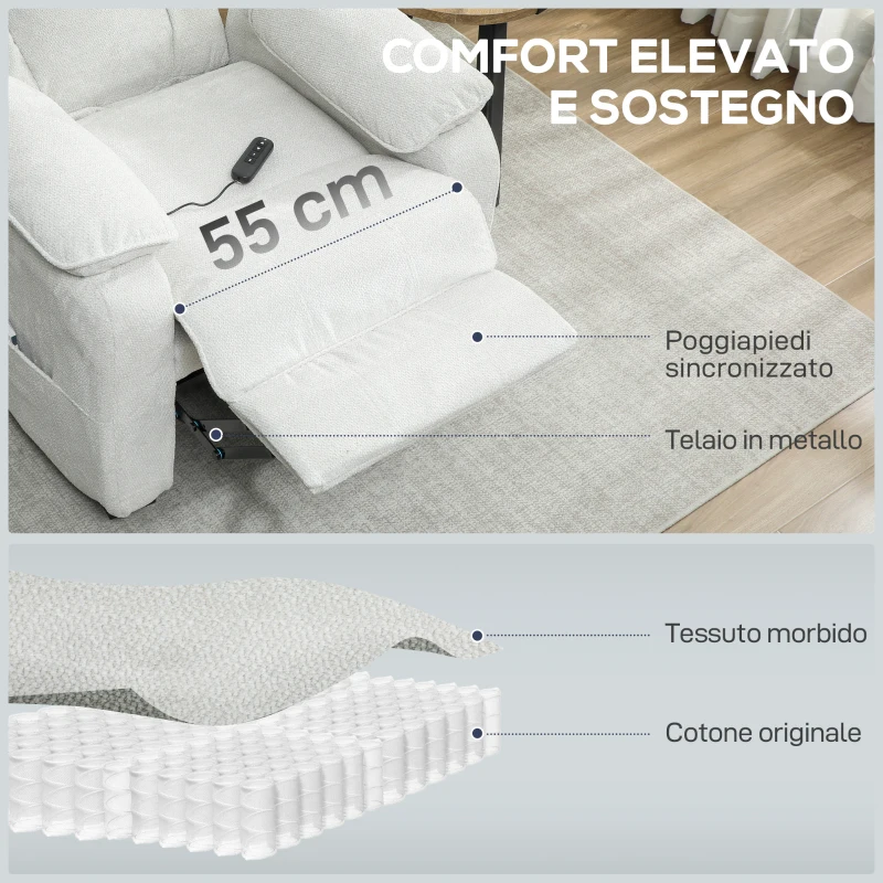 HOMCOM Poltrona Reclinabile 150° Effetto Velluto con Poggiapiedi, Telecomando e Tasca Laterale, 96x90x103 cm, Beige
