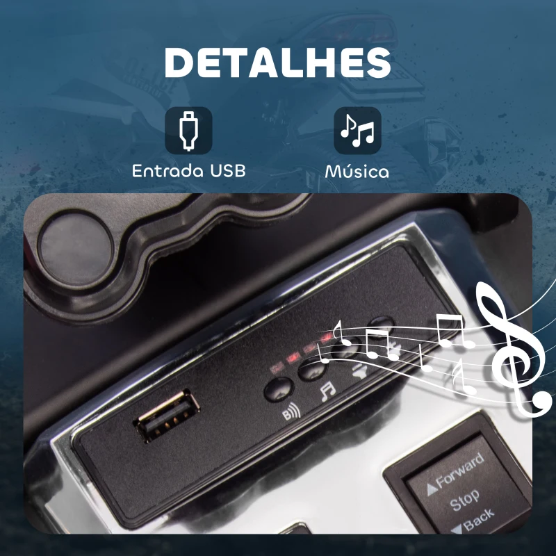 AIYAPLAY Quadricilo Elétrico para Crianças 12V com 2 Motores Velocidade até 5 km/h 3 Rodas Faróis Buzina Música 113x74x63 cm Preto e Branco