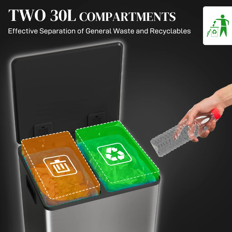 HOMCOM Mülleimer mit 2x30L Fächern, Soft-Close-Deckel, Fingerabdrucksicher, Edelstahl, Silber